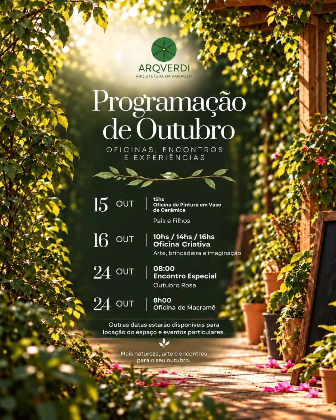Programação de outubro de 2026 na ArqVerdi: oficinas nos dias 15, 16 e 24 de outubro.