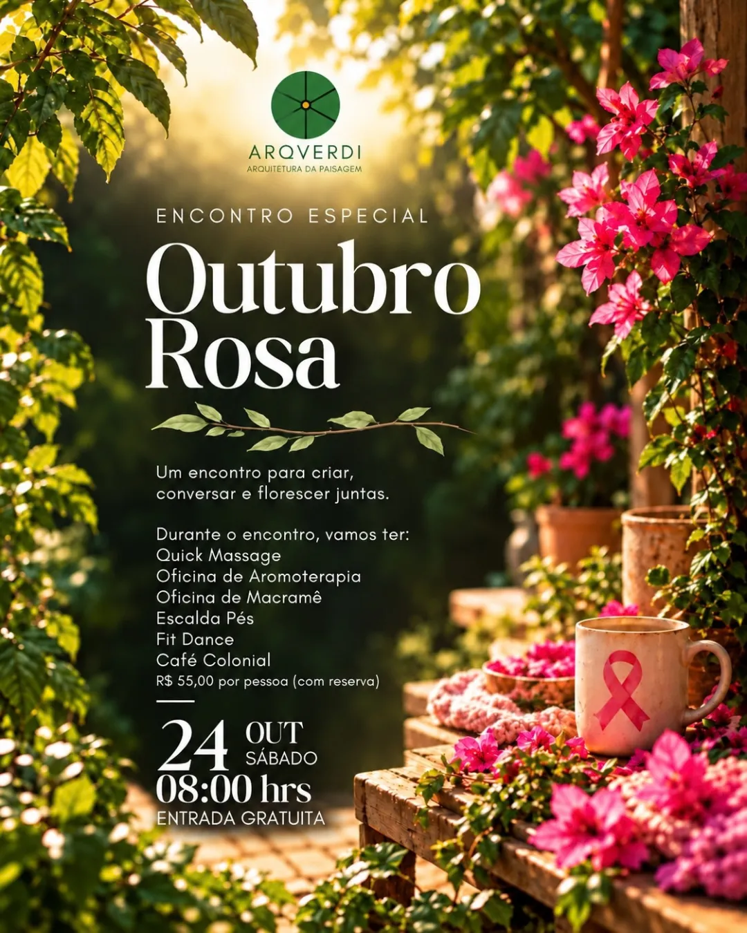 Encontro Especial Outubro Rosa: 24 de outubro, às 8h, com entrada gratuita. Quick Massage, aromoterapia, macramê, escalda pés, Fit Dance e café colonial por R$ 55 por pessoa, com reserva.