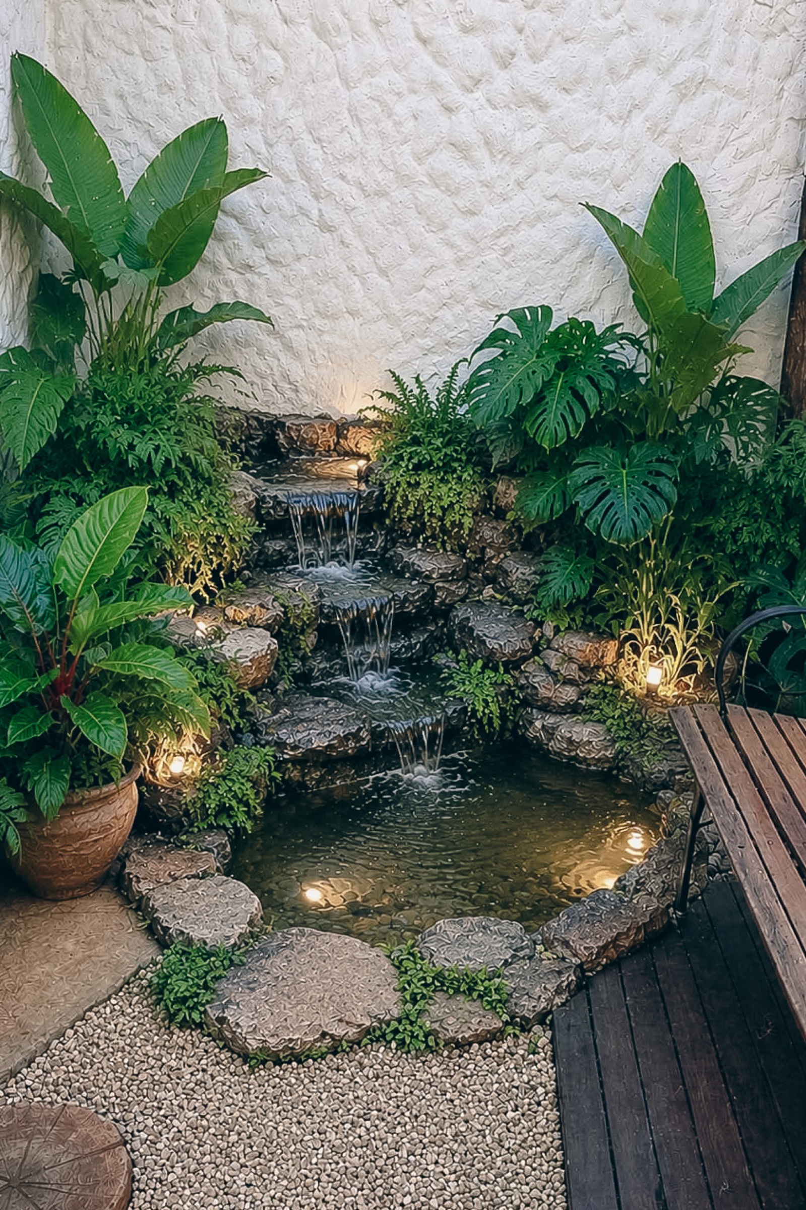 Composição de paisagismo da ArqVerdi com folhagens tropicais e arquitetura integrada.