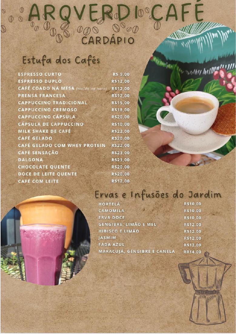 Página 2 do cardápio da Cafeteria ArqVerdi. Cafés, bebidas quentes, ervas e infusões.