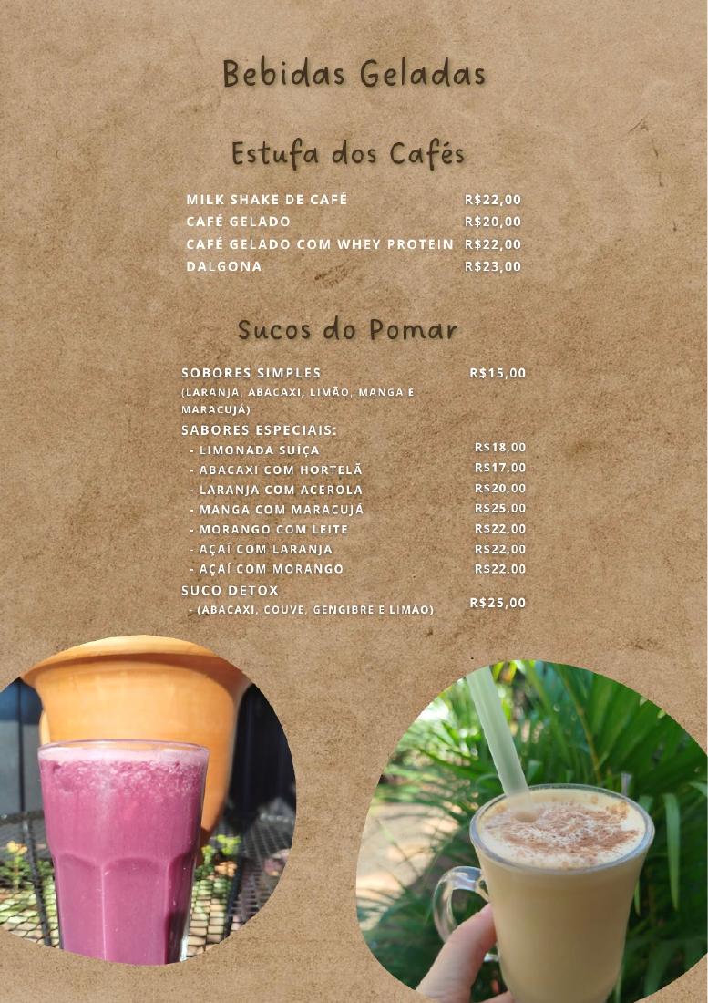 Página 3 do cardápio da Cafeteria ArqVerdi. Bebidas geladas, cafés e sucos do pomar.