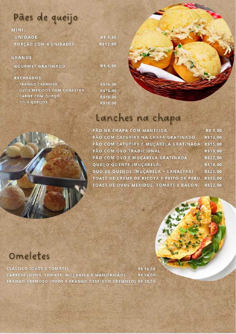 Página 4 do cardápio da Cafeteria ArqVerdi. Pães de queijo, lanches na chapa e omeletes.