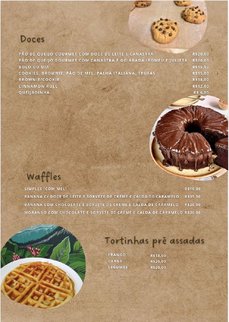 Página 5 do cardápio da Cafeteria ArqVerdi. Doces, waffles e tortinhas pré-assadas.
