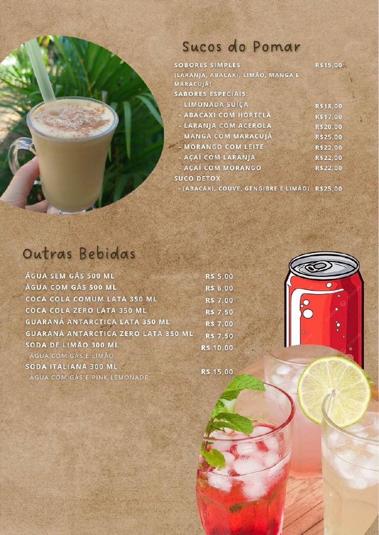 Página 6 do cardápio da Cafeteria ArqVerdi. Sucos do pomar e outras bebidas.