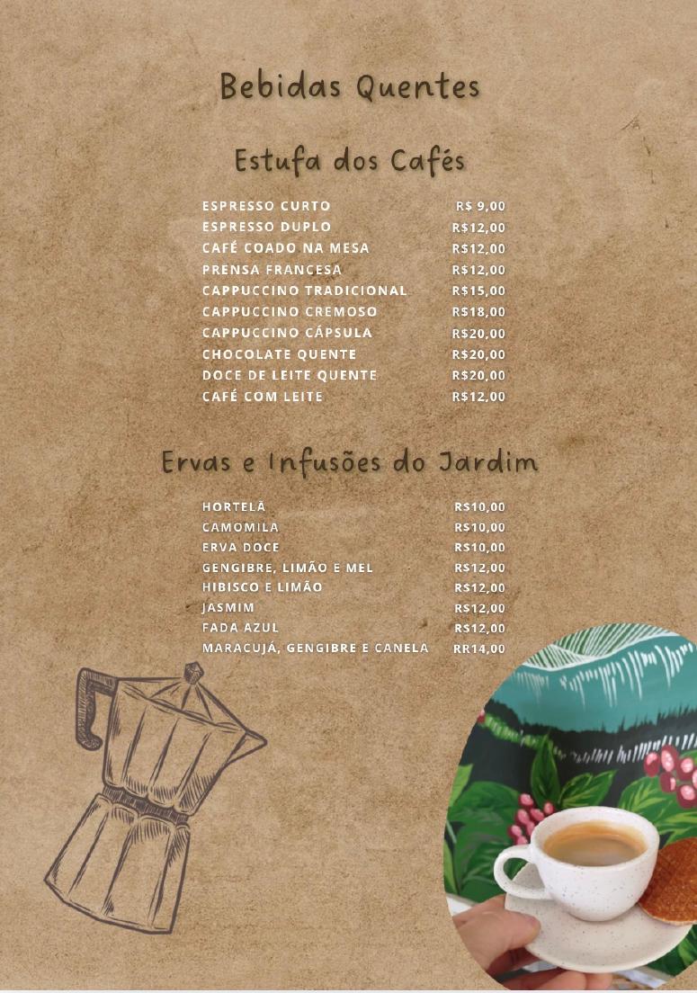 Página 7 do cardápio da Cafeteria ArqVerdi. Bebidas quentes, cafés, ervas e infusões.