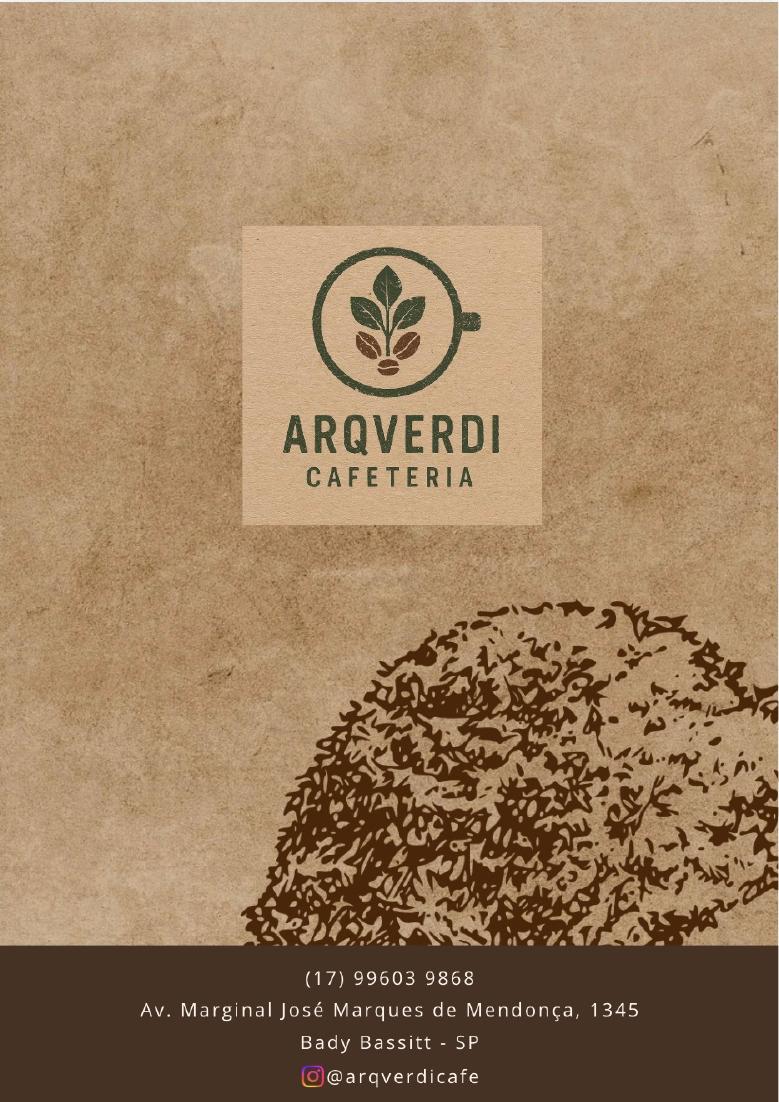 Página 8 do cardápio da Cafeteria ArqVerdi. Contracapa do cardápio com a identidade da ArqVerdi Cafeteria.